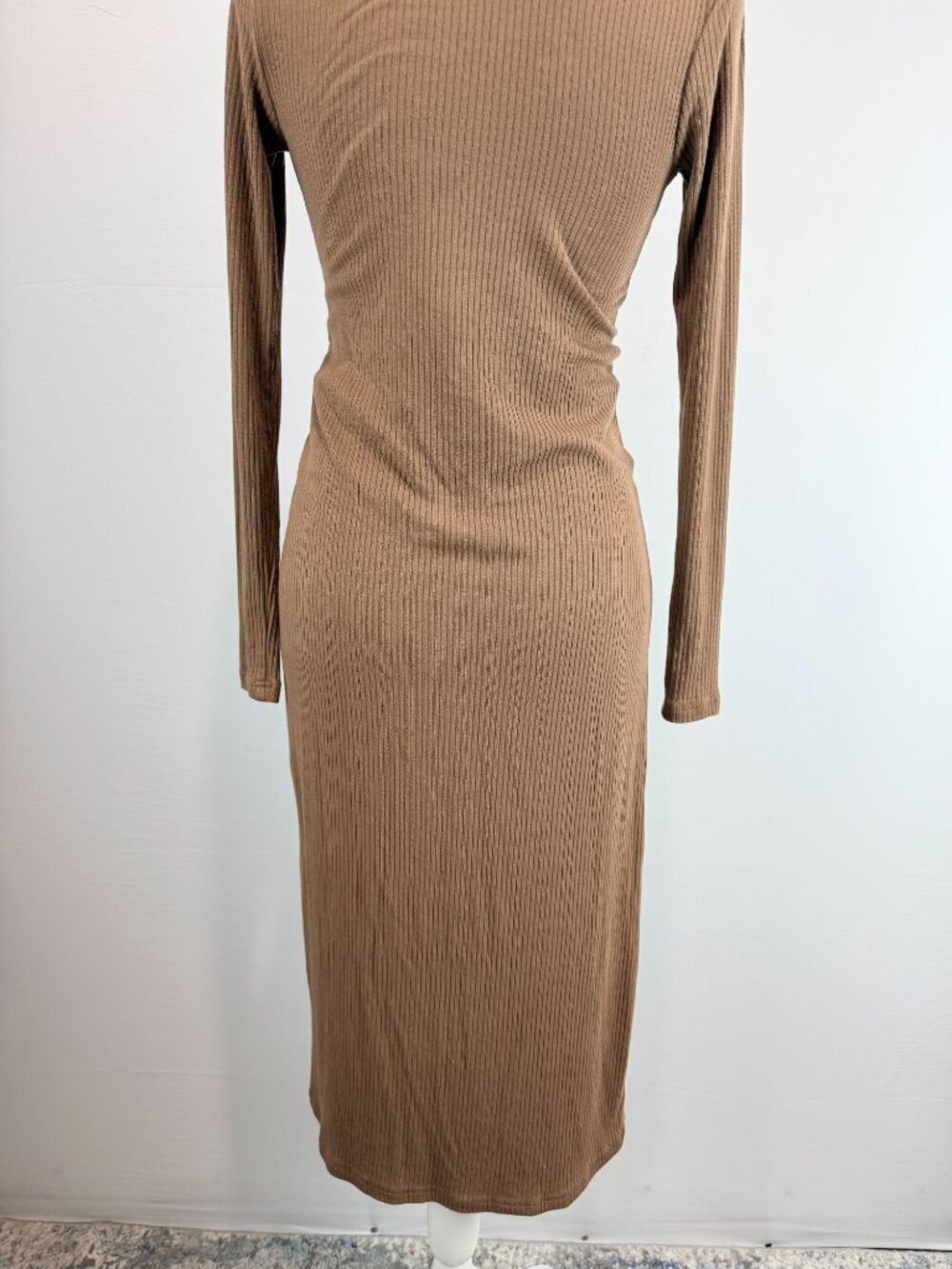 Lucca Brown Ribbed Long Sleeve Button-Down Midi Dress With Collared Neckline S - Picture 10 of 14